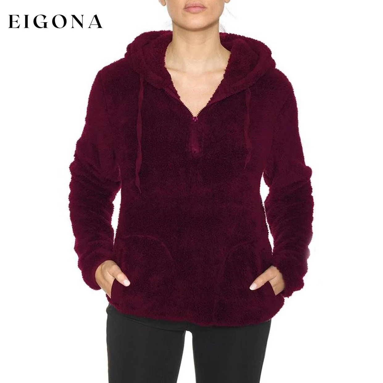 1/4 Zip Hooded Sherpa In and Out Lined Pull Over with 2 Pockets