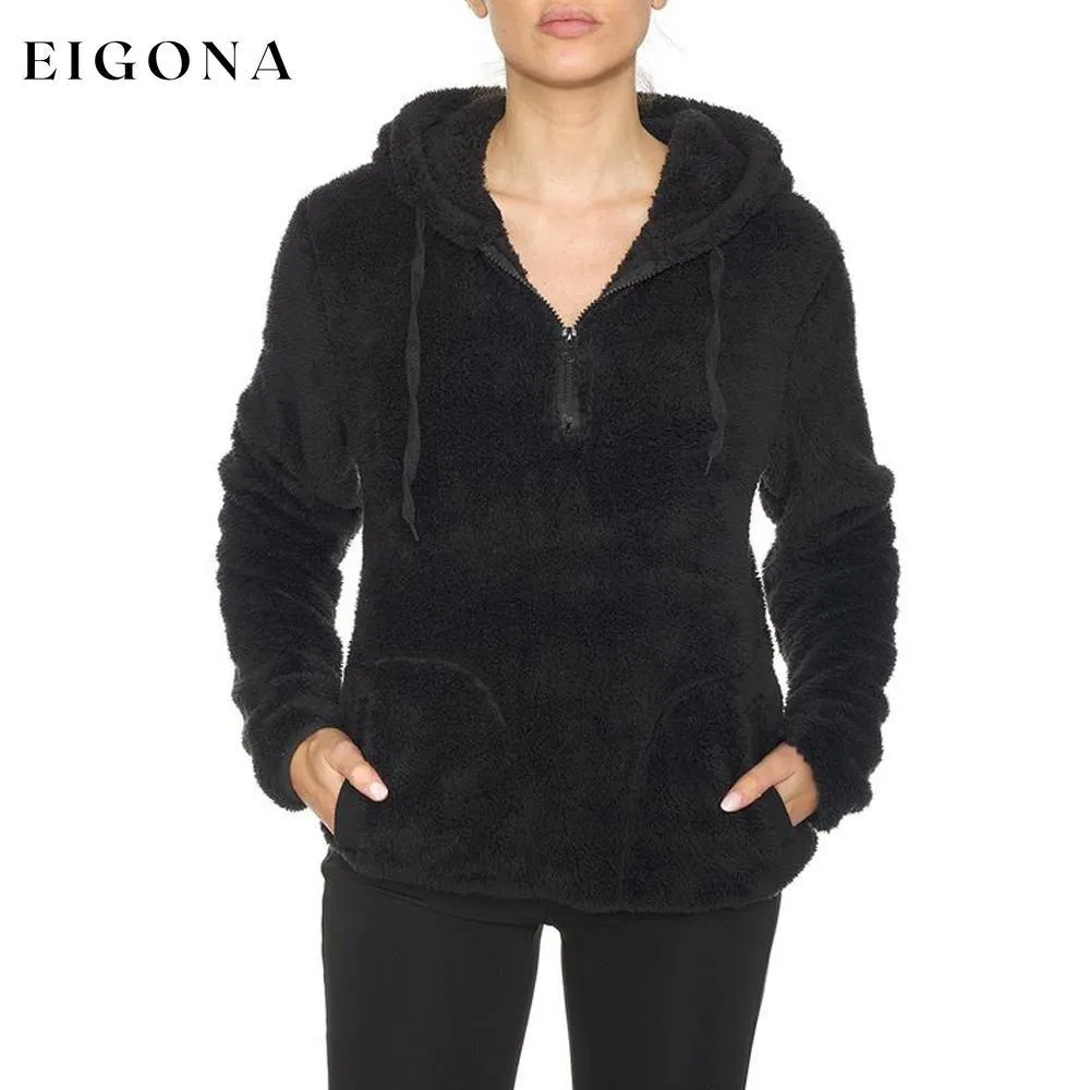 1/4 Zip Hooded Sherpa In and Out Lined Pull Over with 2 Pockets