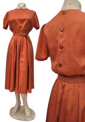 1940s Vintage Copper Silk Shirtwaister Dress • Summer Tea Dress