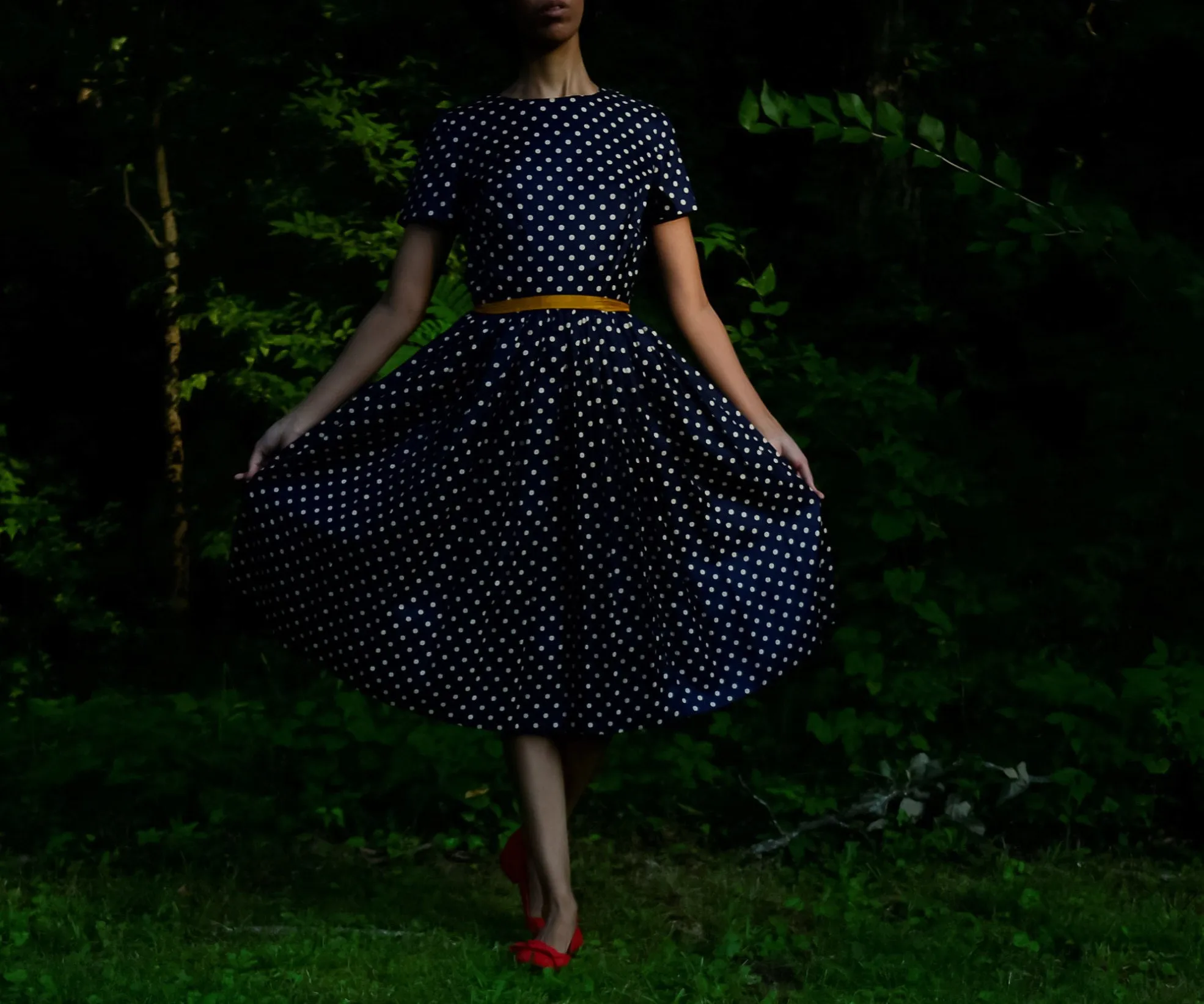 1950s silk navy blue polka dot fit and flare dress, union tag // small // 25" waist