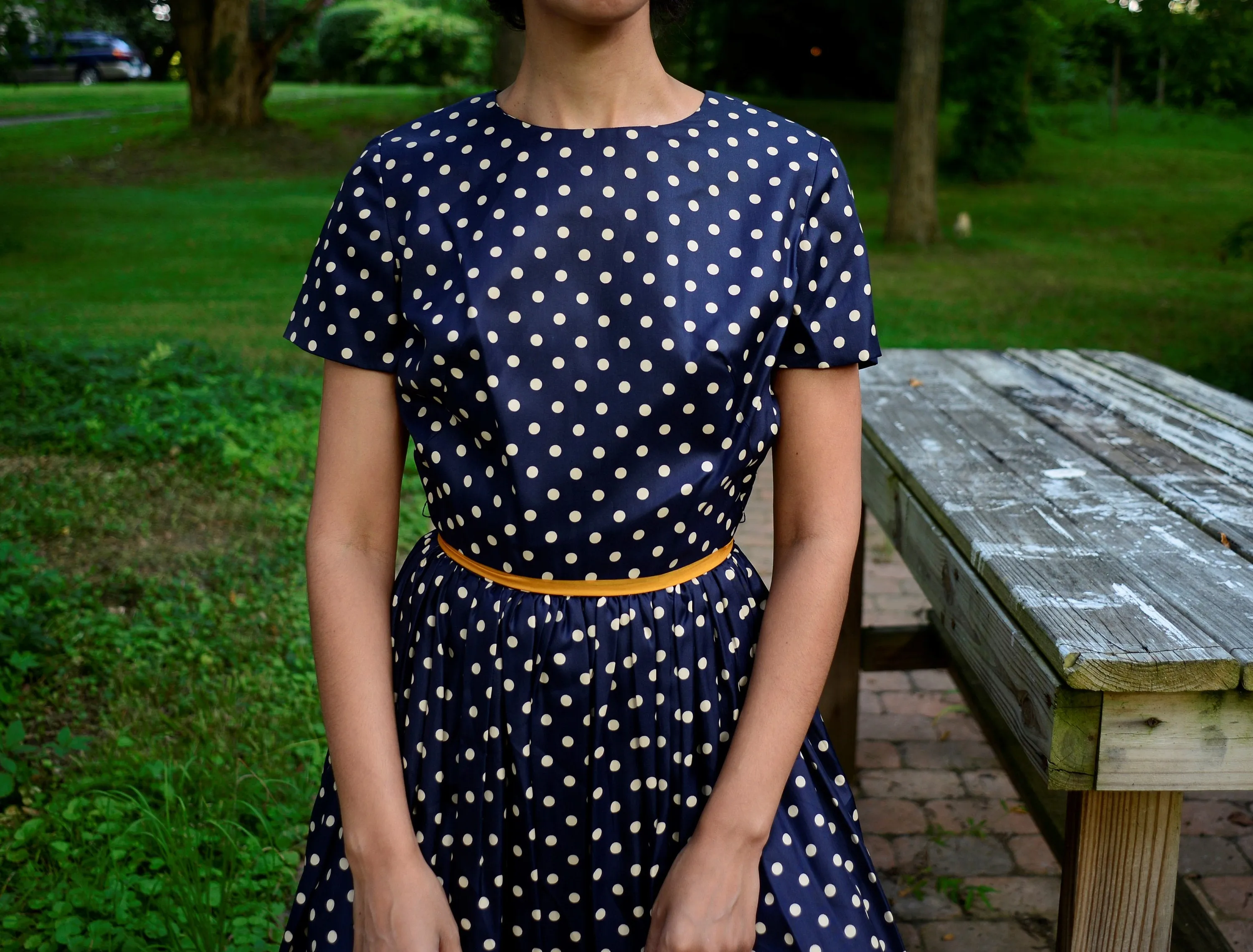 1950s silk navy blue polka dot fit and flare dress, union tag // small // 25" waist