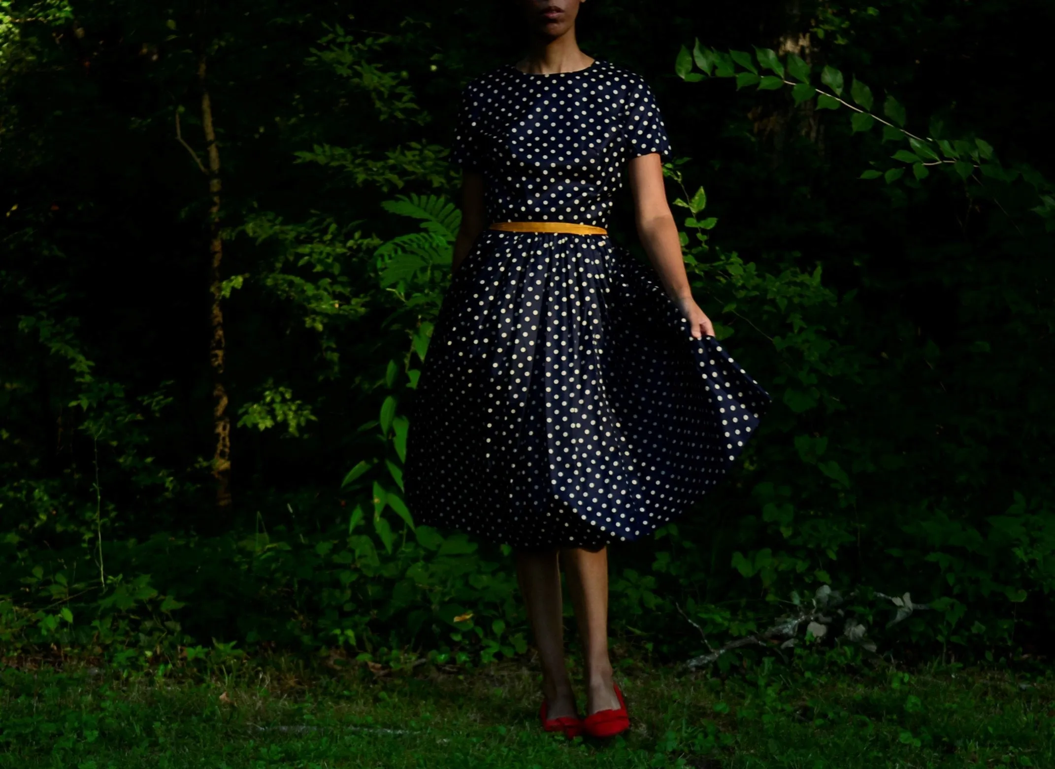 1950s silk navy blue polka dot fit and flare dress, union tag // small // 25" waist