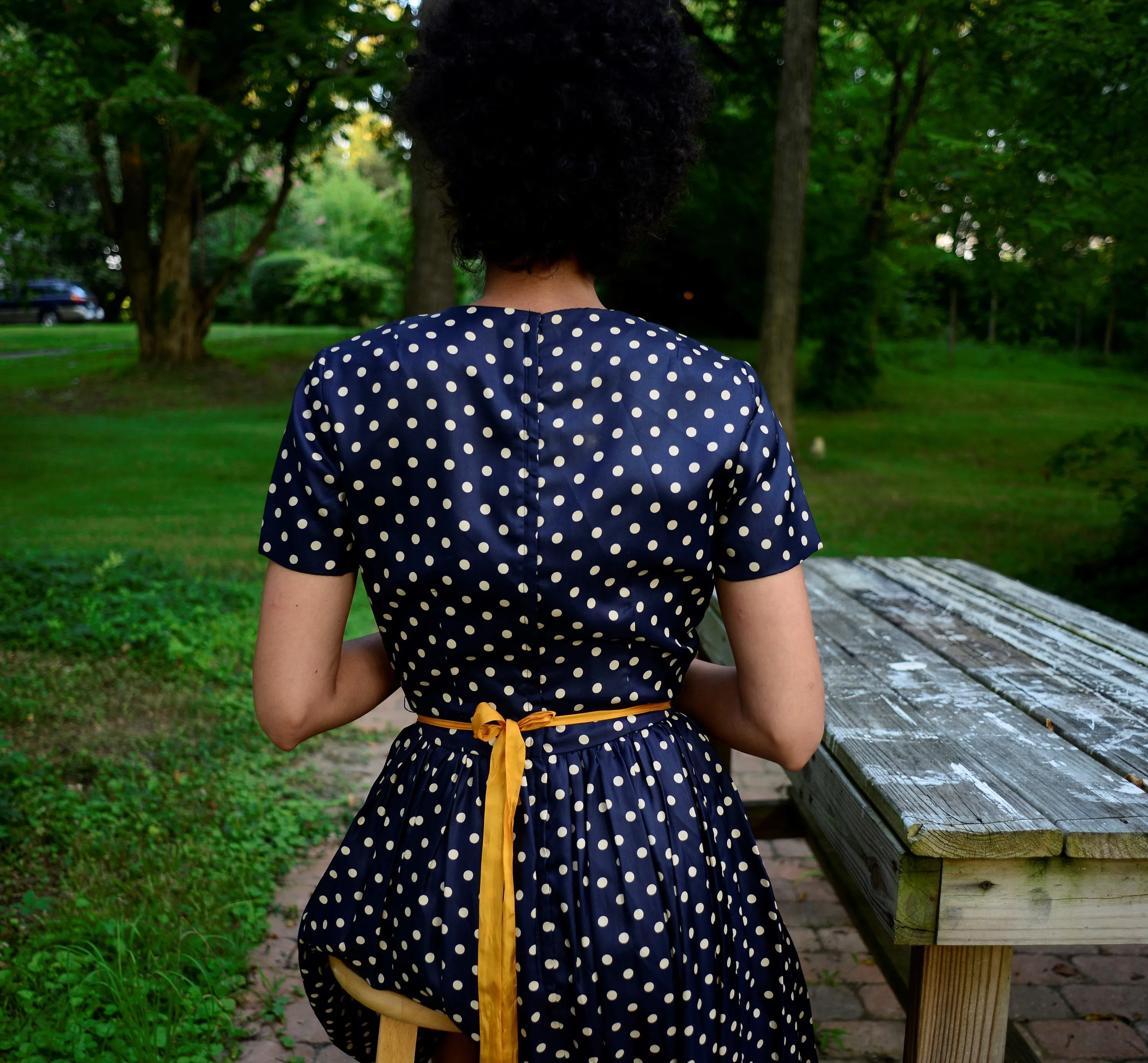 1950s silk navy blue polka dot fit and flare dress, union tag // small // 25" waist