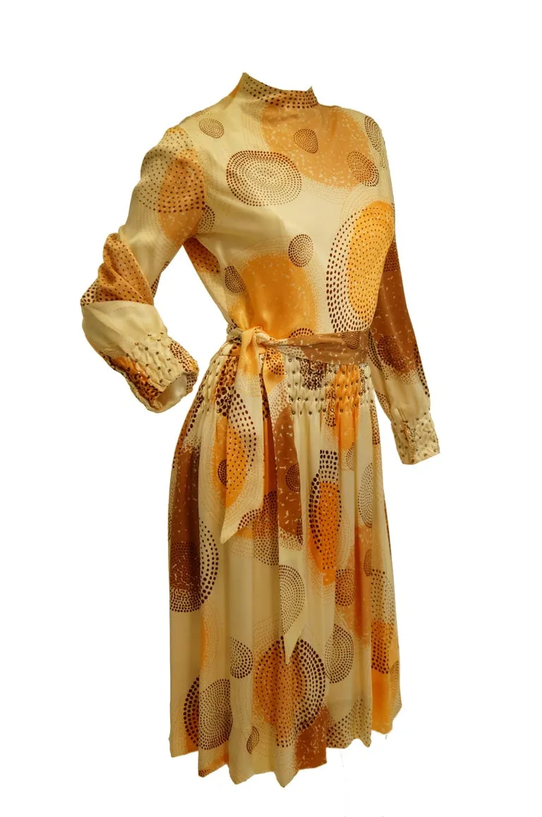 1960s Amber Silk Op Art Cocktail Dress and Vest