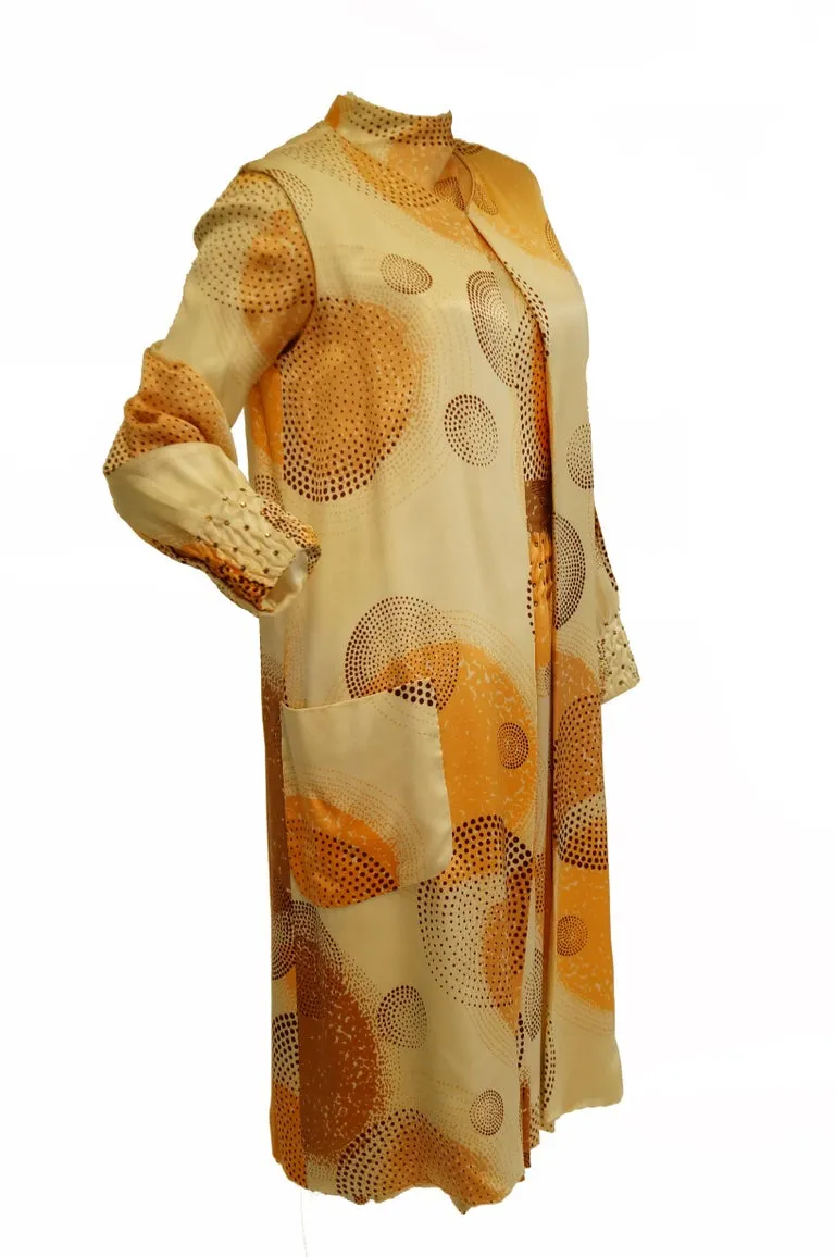 1960s Amber Silk Op Art Cocktail Dress and Vest