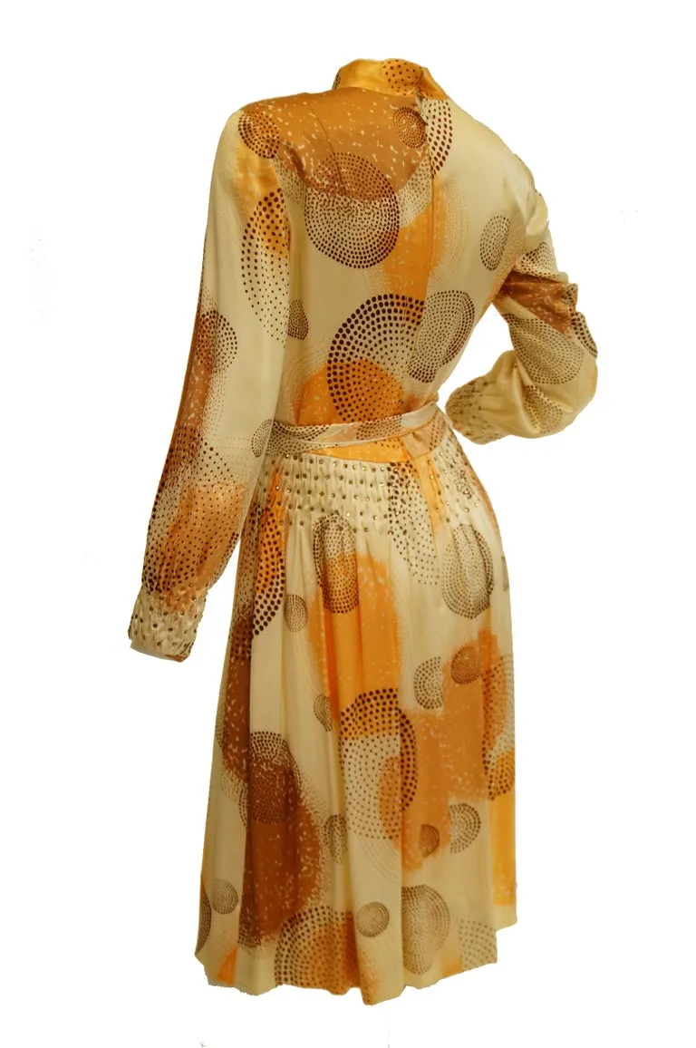 1960s Amber Silk Op Art Cocktail Dress and Vest