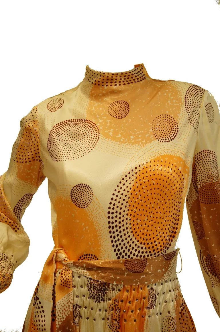 1960s Amber Silk Op Art Cocktail Dress and Vest