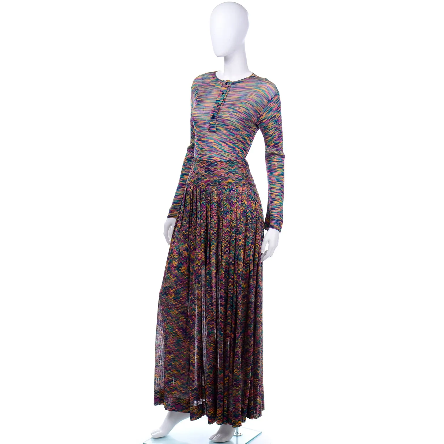 1970s Missoni Rainbow Multi Colored Striped Maglia Knit Skirt & Top Outfit