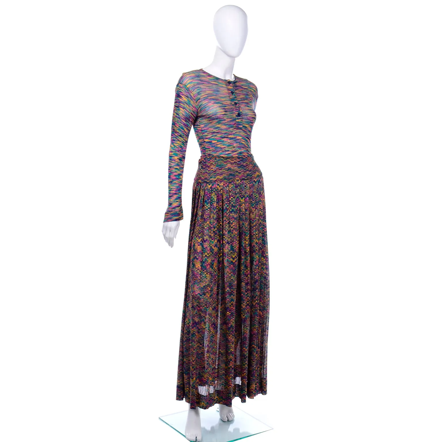 1970s Missoni Rainbow Multi Colored Striped Maglia Knit Skirt & Top Outfit