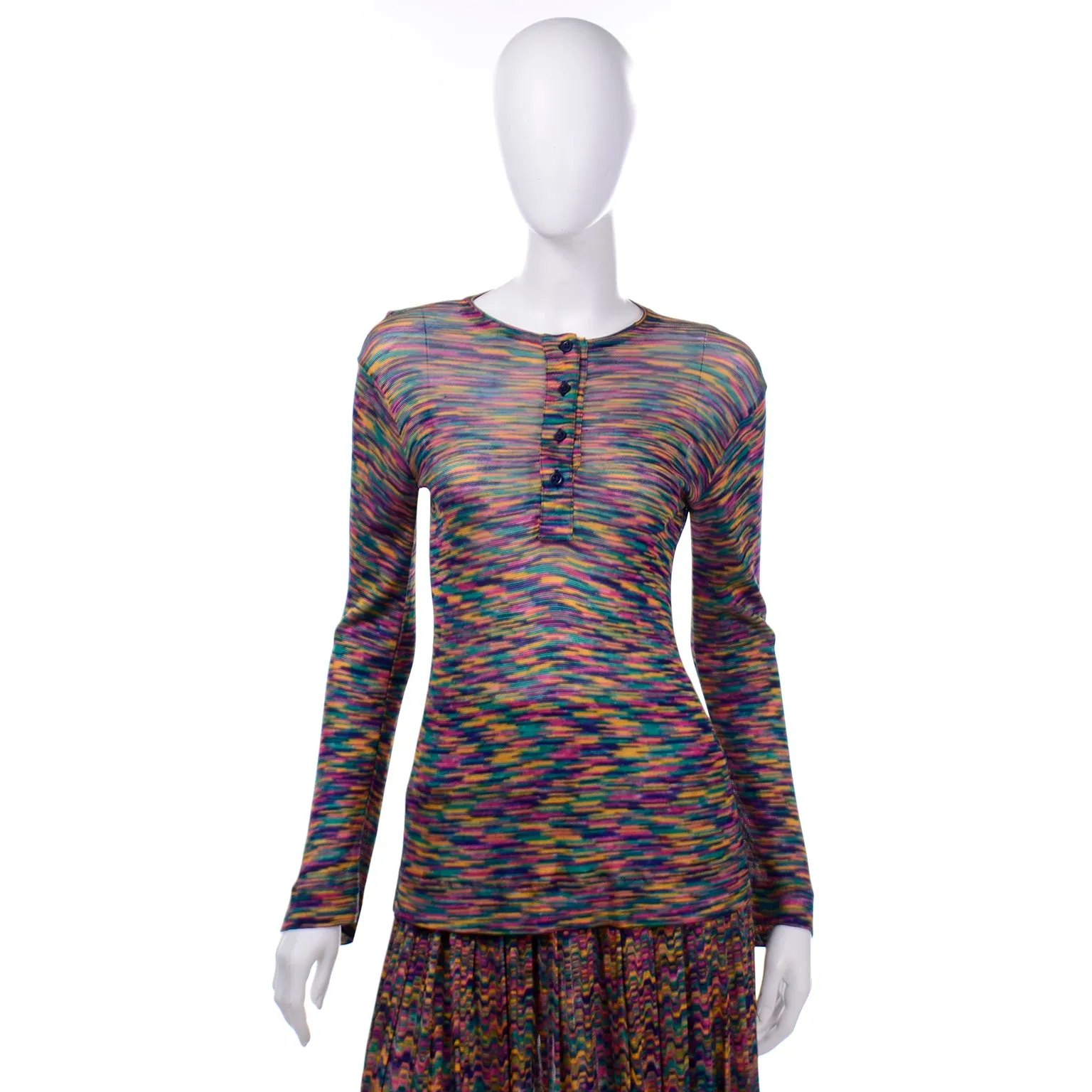 1970s Missoni Rainbow Multi Colored Striped Maglia Knit Skirt & Top Outfit