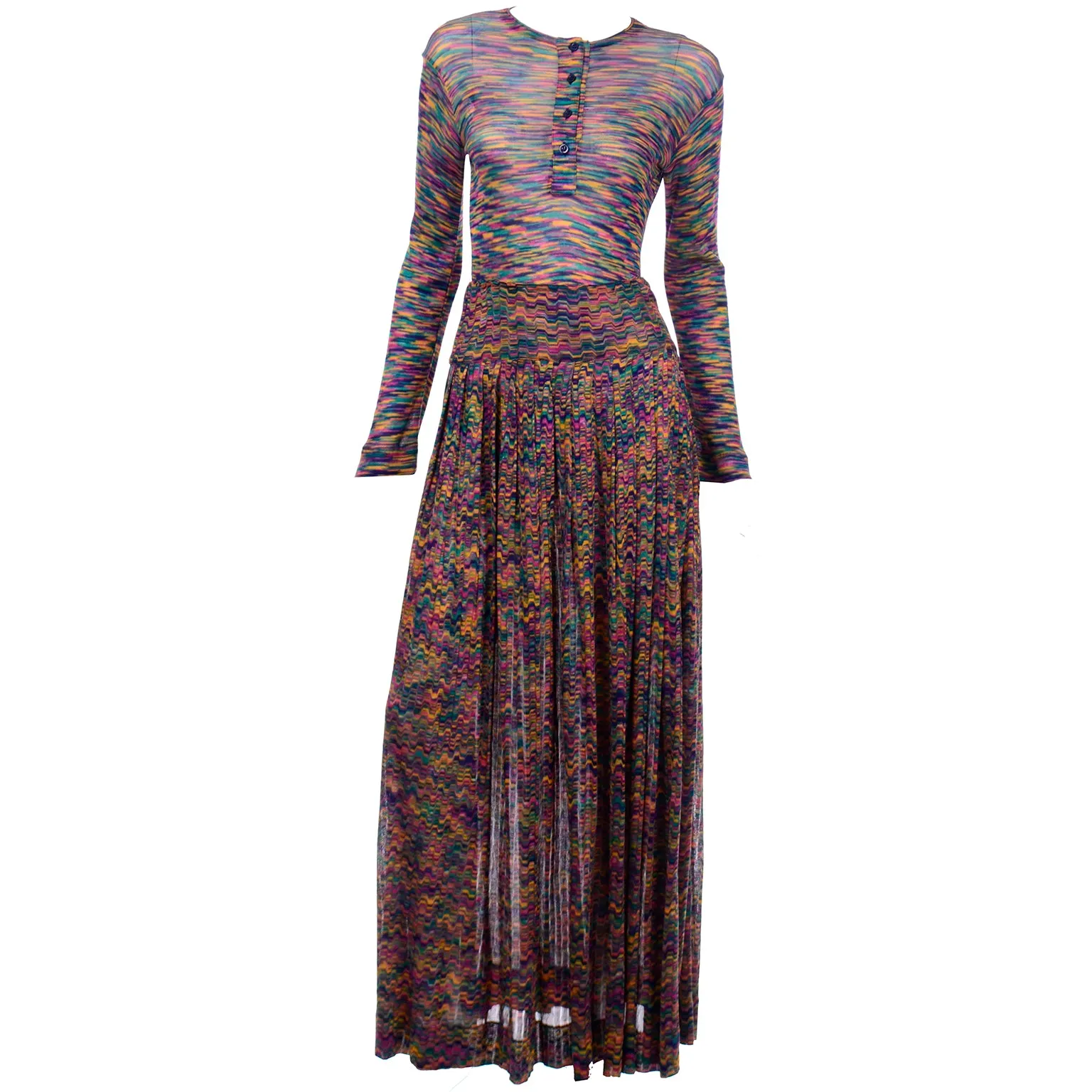 1970s Missoni Rainbow Multi Colored Striped Maglia Knit Skirt & Top Outfit