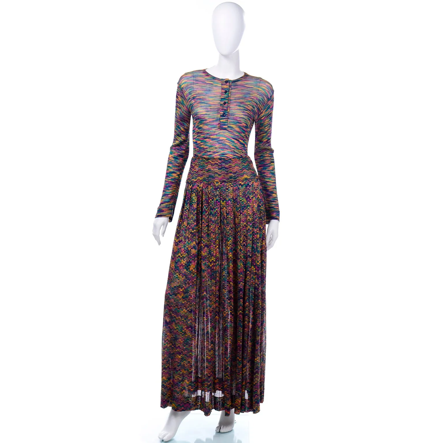 1970s Missoni Rainbow Multi Colored Striped Maglia Knit Skirt & Top Outfit