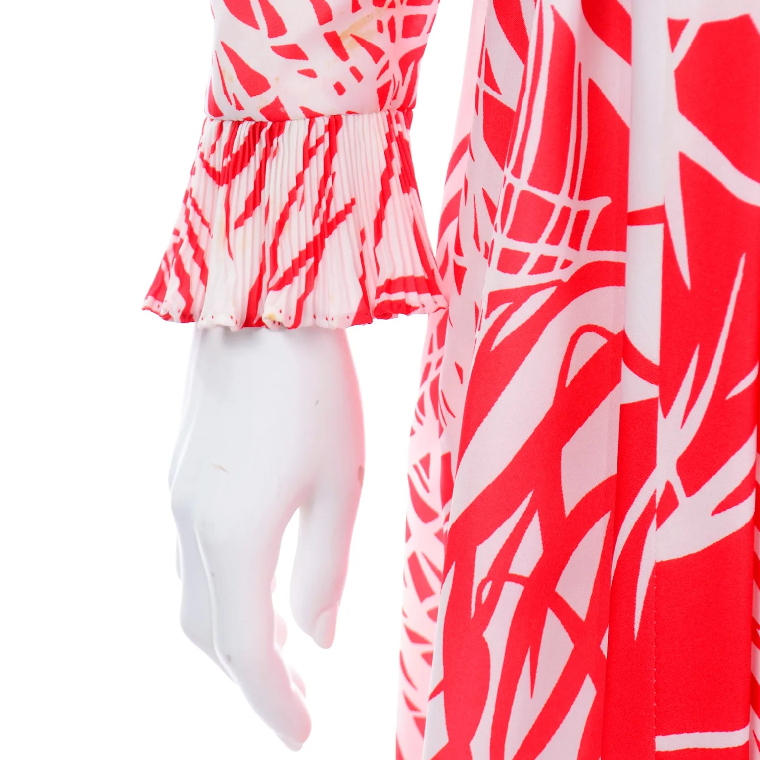1970s Vintage Victor Costa Red Abstract Tropical Print Dress w Ruffles