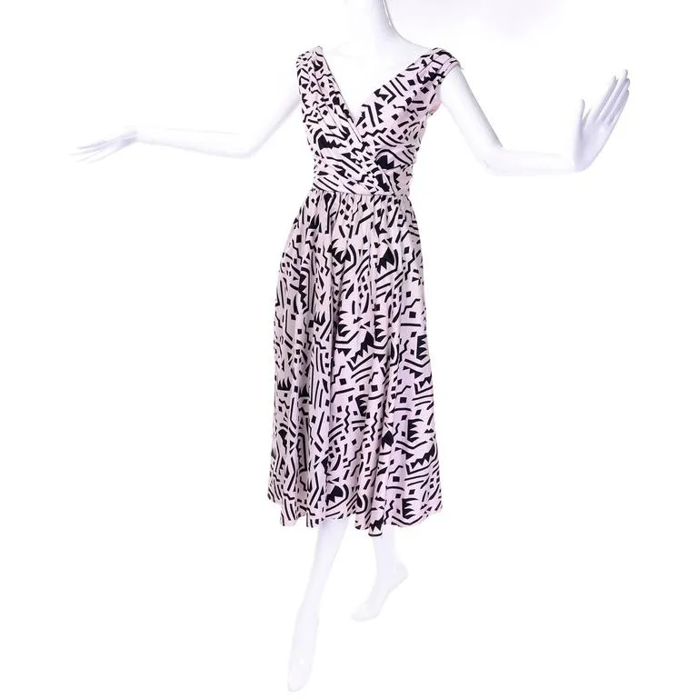1980s Lillie Rubin Vintage Dress w/ Pink & Black Graphic Abstract Print