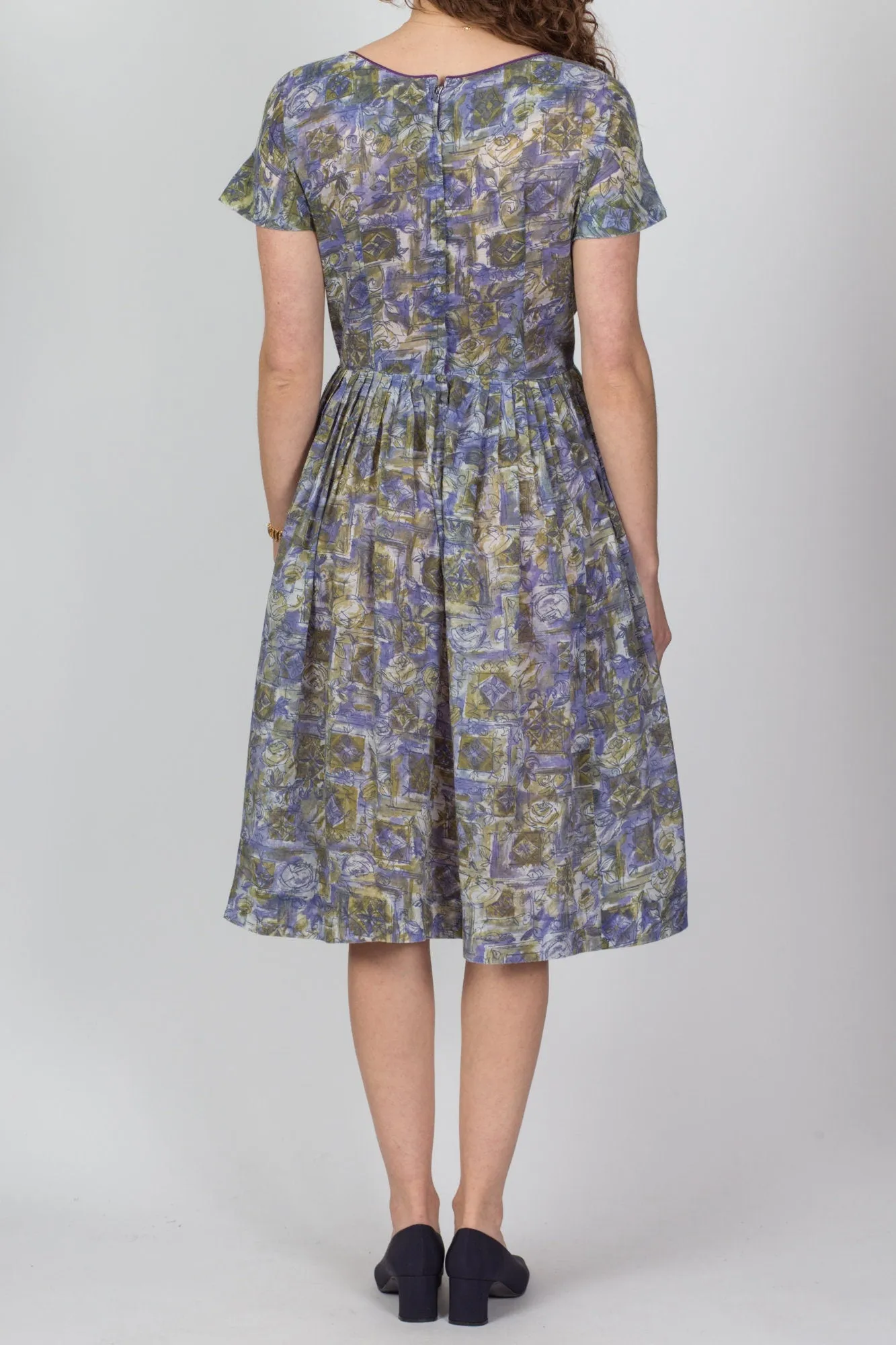 60s Abstract Floral Fit & Flare Day Dress - Medium