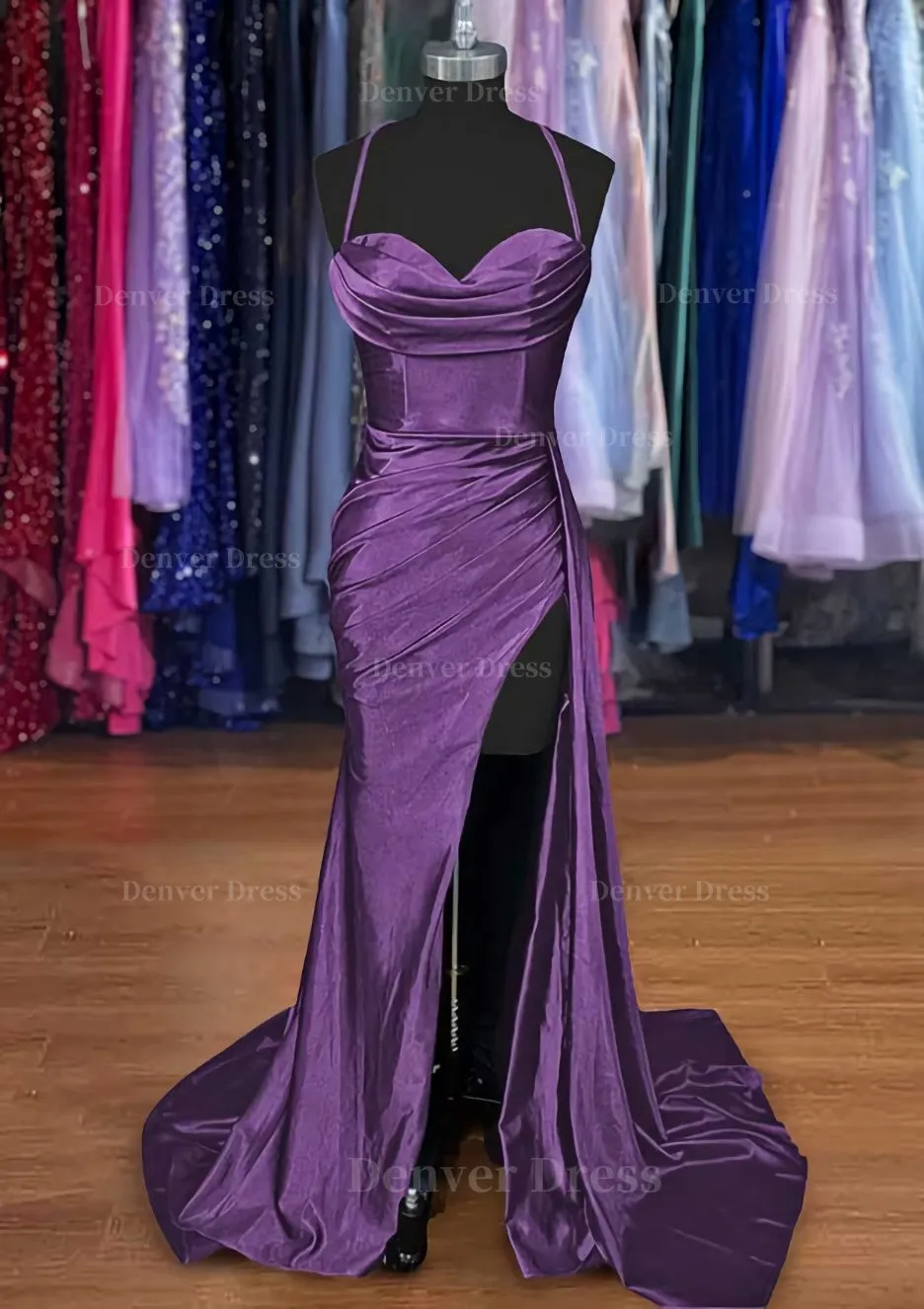 A-line Sweetheart Spaghetti Straps Sweep Train Silk like Satin Ruched Prom Dress