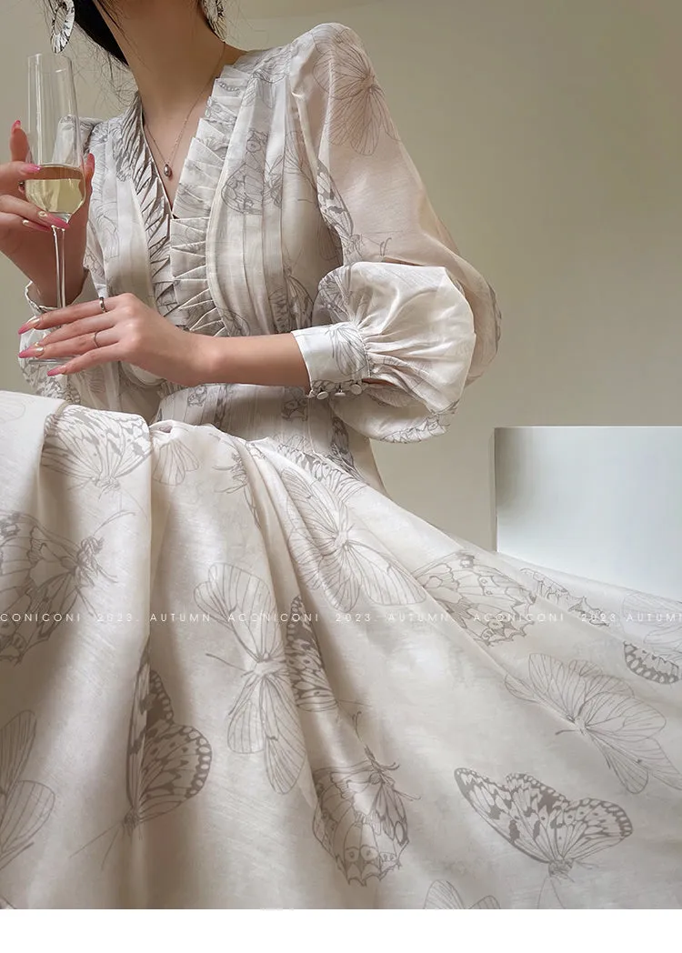 Aconiconi Luxury V-Neck Shirt Sleeve Long Pleated Dinner Dress- Mina Kagawa