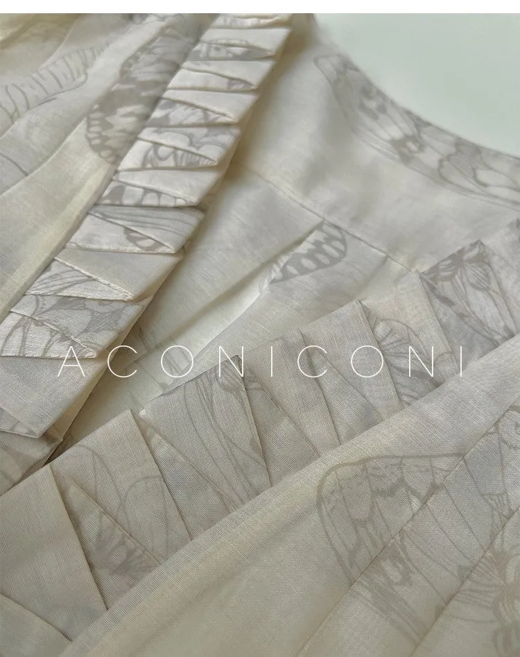Aconiconi Luxury V-Neck Shirt Sleeve Long Pleated Dinner Dress- Mina Kagawa