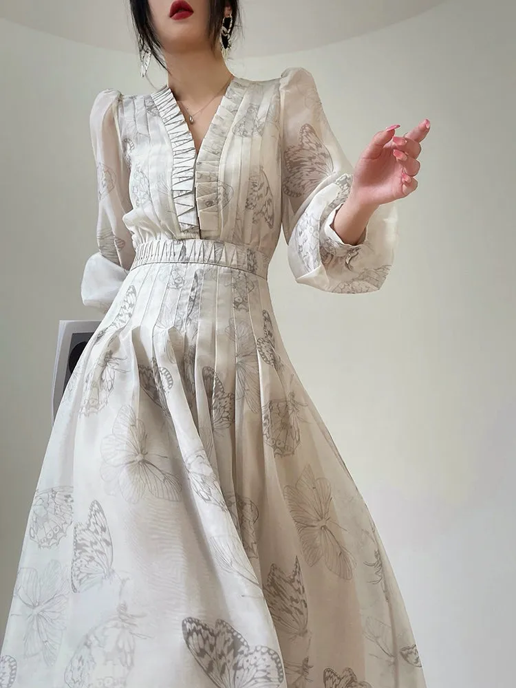 Aconiconi Luxury V-Neck Shirt Sleeve Long Pleated Dinner Dress- Mina Kagawa