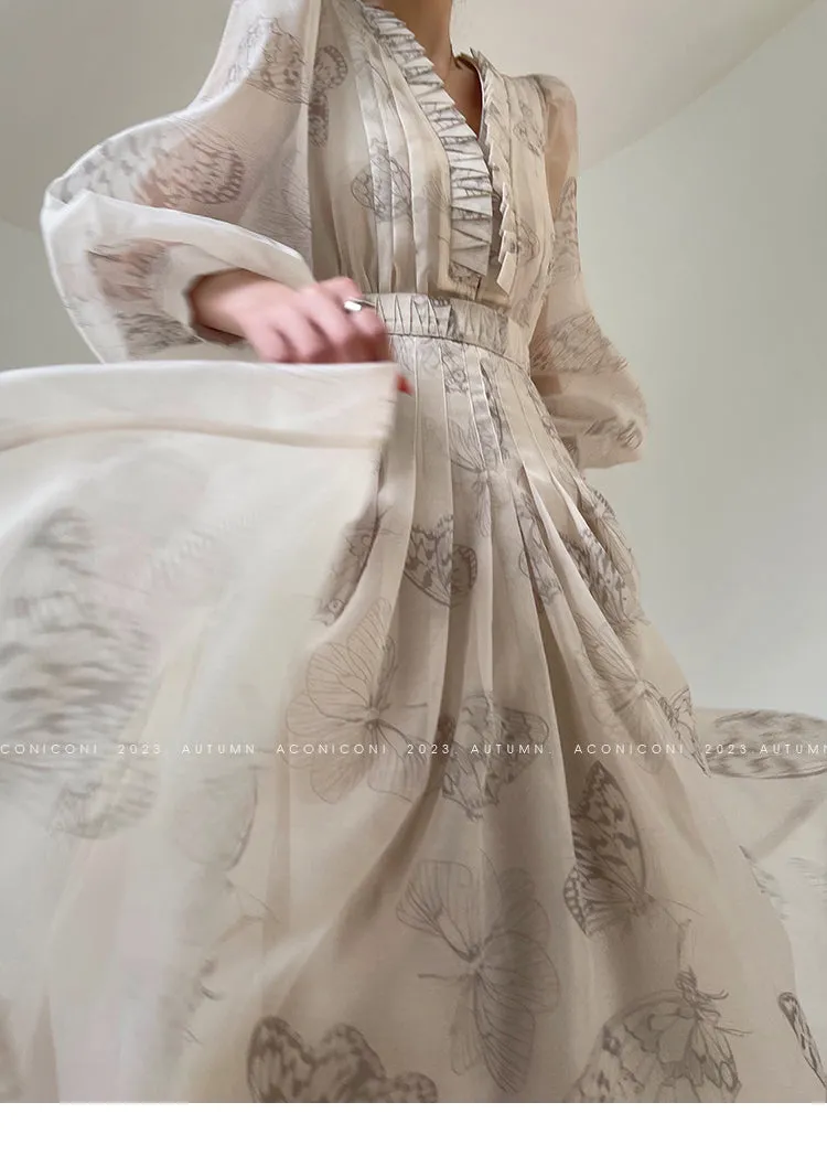 Aconiconi Luxury V-Neck Shirt Sleeve Long Pleated Dinner Dress- Mina Kagawa