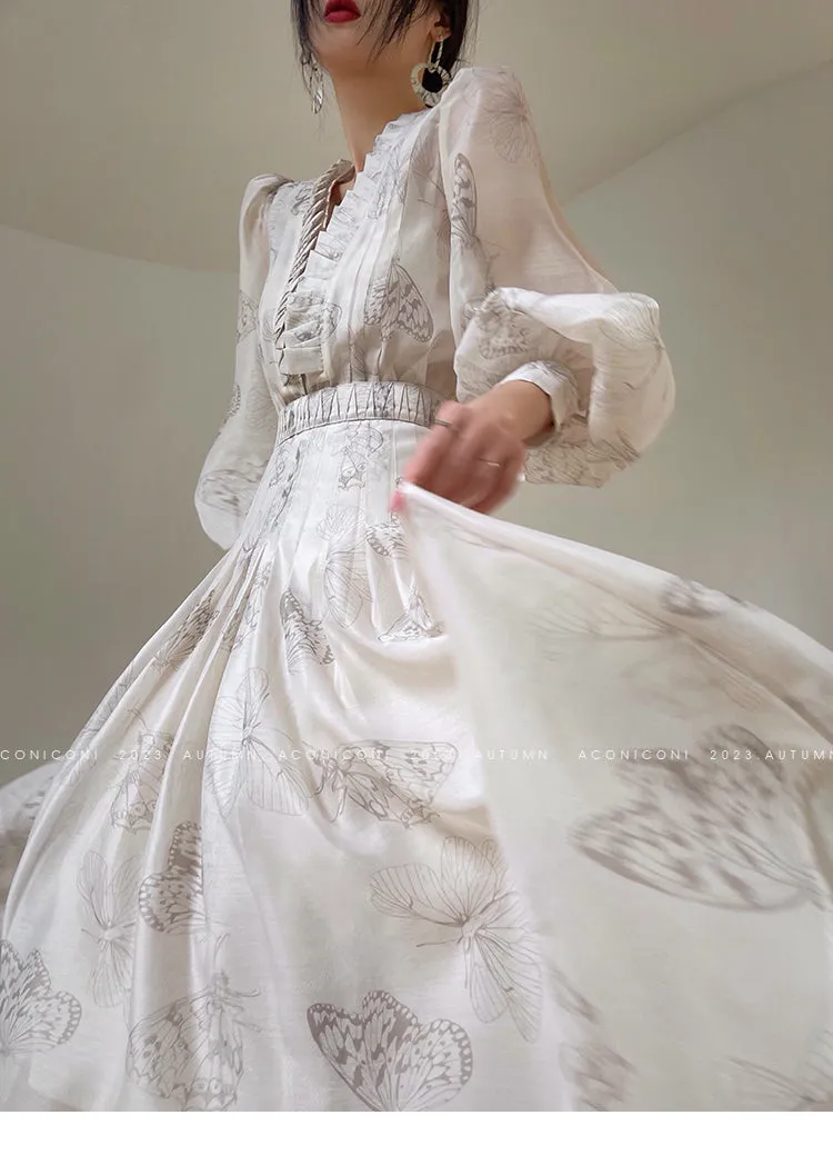 Aconiconi Luxury V-Neck Shirt Sleeve Long Pleated Dinner Dress- Mina Kagawa