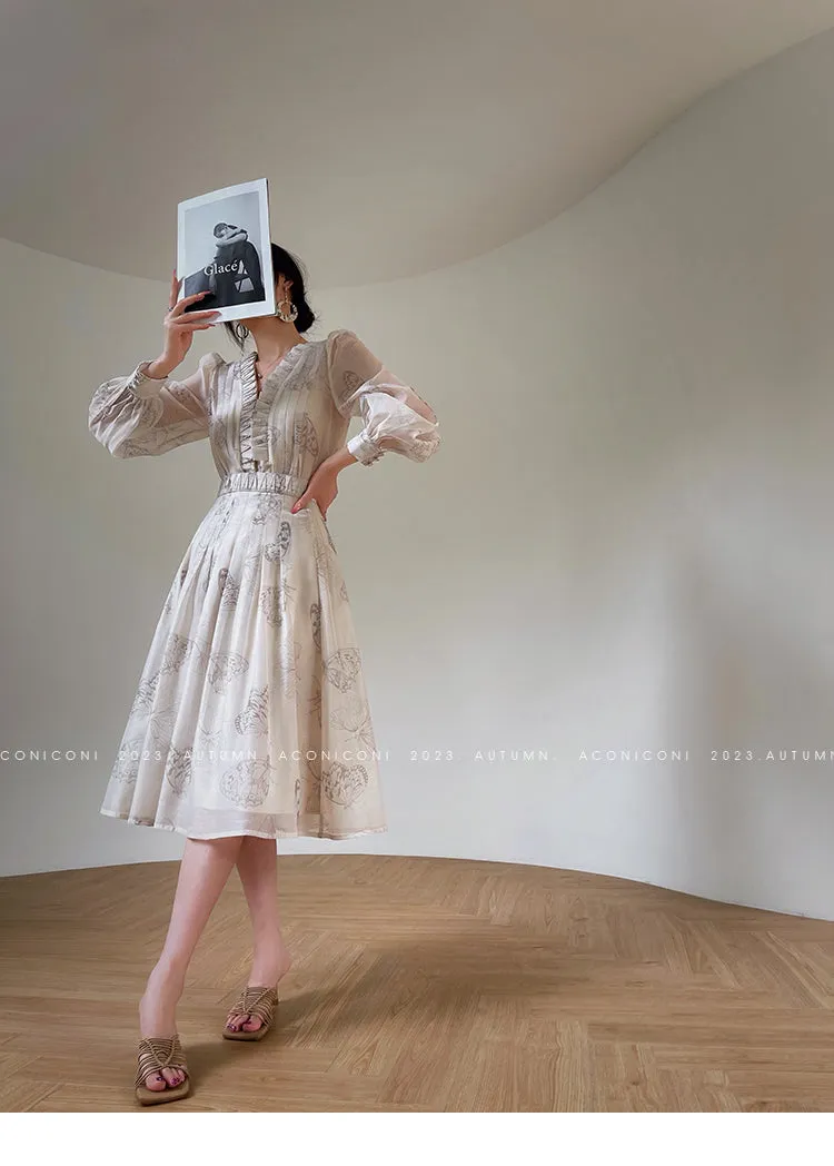 Aconiconi Luxury V-Neck Shirt Sleeve Long Pleated Dinner Dress- Mina Kagawa