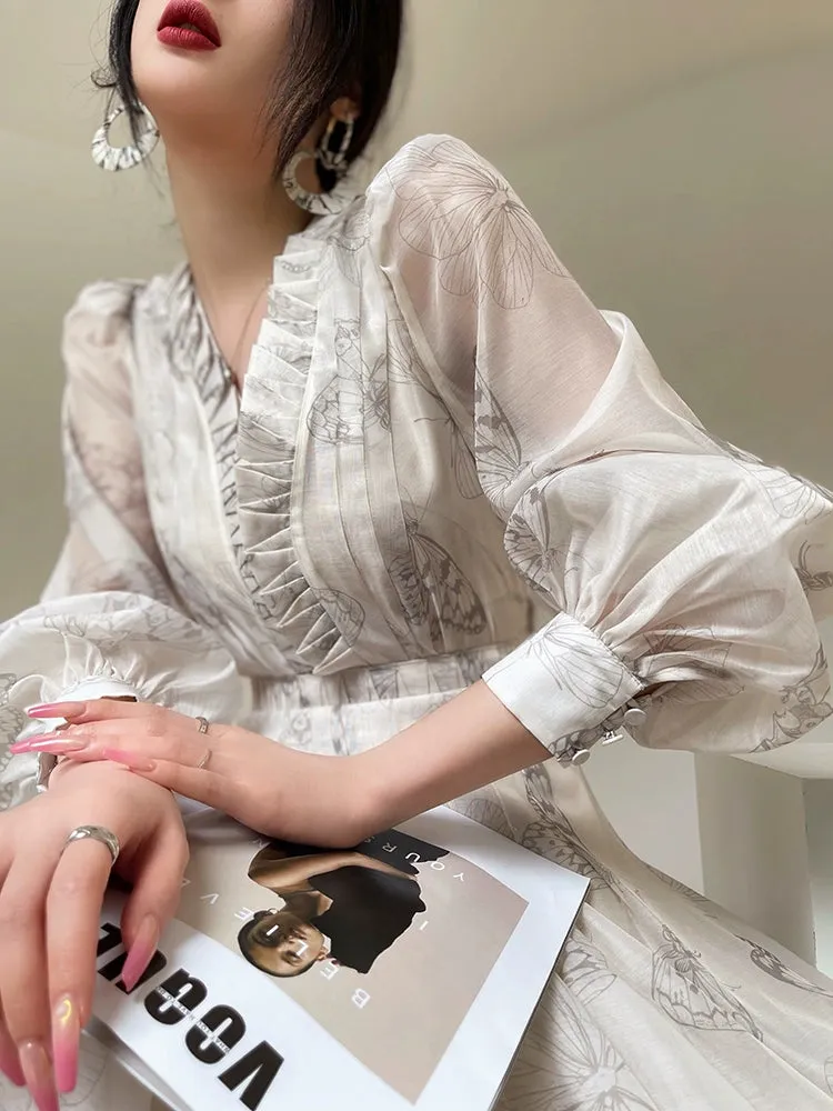 Aconiconi Luxury V-Neck Shirt Sleeve Long Pleated Dinner Dress- Mina Kagawa