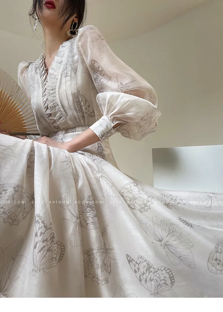 Aconiconi Luxury V-Neck Shirt Sleeve Long Pleated Dinner Dress- Mina Kagawa