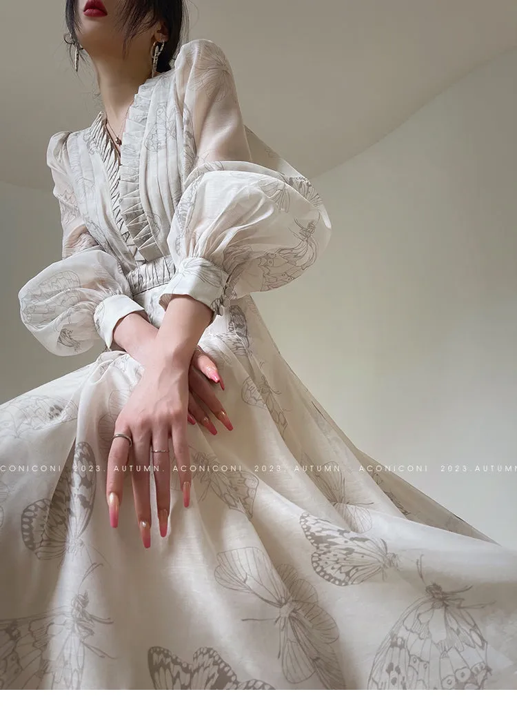 Aconiconi Luxury V-Neck Shirt Sleeve Long Pleated Dinner Dress- Mina Kagawa