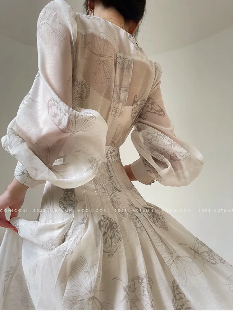 Aconiconi Luxury V-Neck Shirt Sleeve Long Pleated Dinner Dress- Mina Kagawa