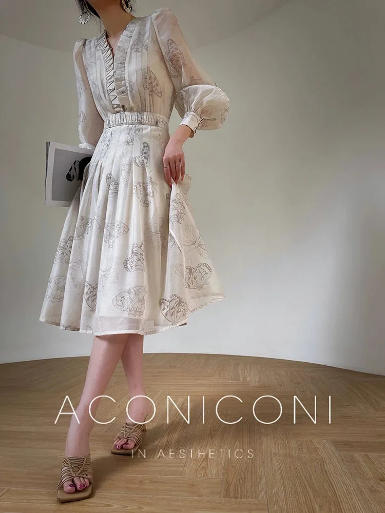 Aconiconi Luxury V-Neck Shirt Sleeve Long Pleated Dinner Dress- Mina Kagawa
