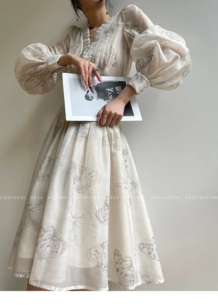 Aconiconi Luxury V-Neck Shirt Sleeve Long Pleated Dinner Dress- Mina Kagawa