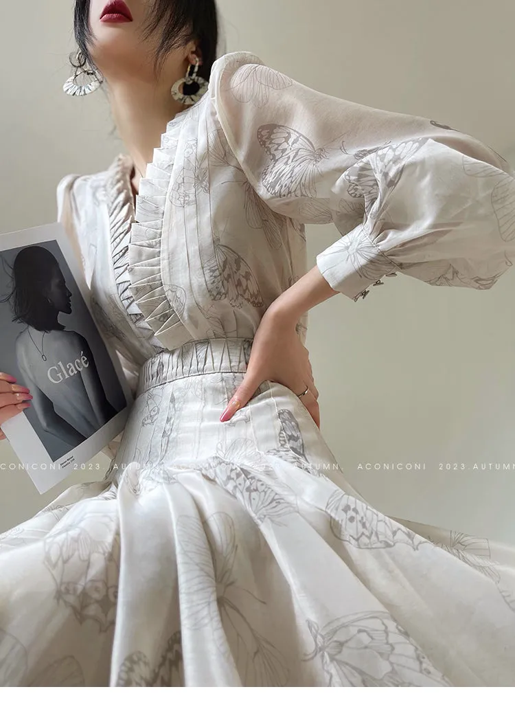 Aconiconi Luxury V-Neck Shirt Sleeve Long Pleated Dinner Dress- Mina Kagawa