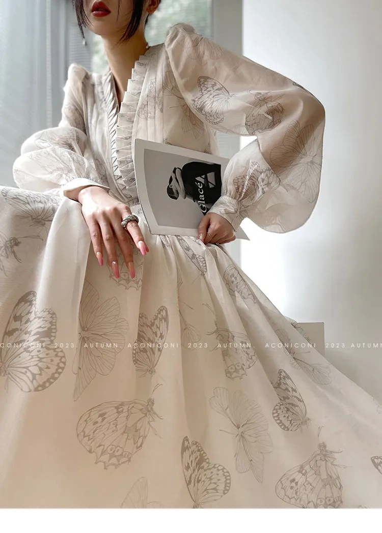 Aconiconi Luxury V-Neck Shirt Sleeve Long Pleated Dinner Dress- Mina Kagawa