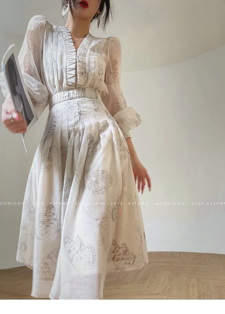 Aconiconi Luxury V-Neck Shirt Sleeve Long Pleated Dinner Dress- Mina Kagawa