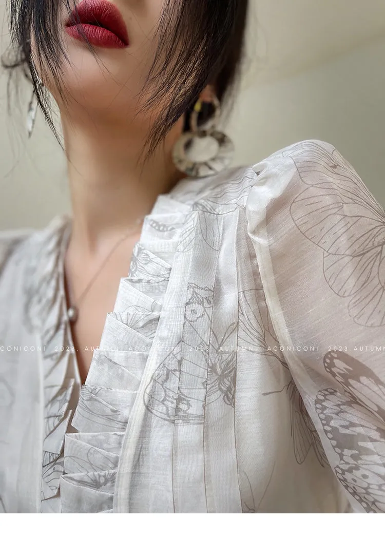 Aconiconi Luxury V-Neck Shirt Sleeve Long Pleated Dinner Dress- Mina Kagawa