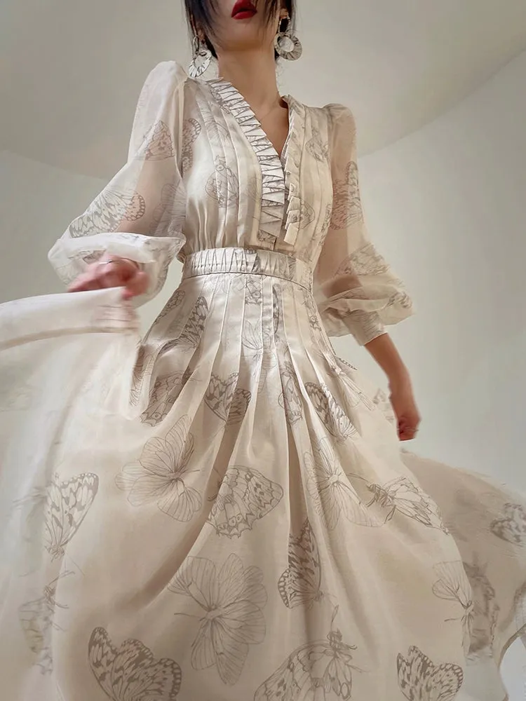 Aconiconi Luxury V-Neck Shirt Sleeve Long Pleated Dinner Dress- Mina Kagawa