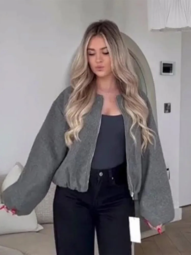 Advbridge Solid Zipper Woolen Coat Women Long Sleeve O Neck Lady Bomber Jacket Autumn Warm Pocket Female Street Chic Short Outwear