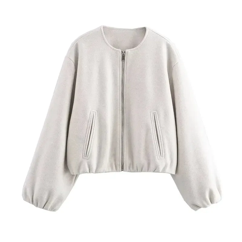 Advbridge Solid Zipper Woolen Coat Women Long Sleeve O Neck Lady Bomber Jacket Autumn Warm Pocket Female Street Chic Short Outwear
