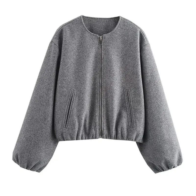 Advbridge Solid Zipper Woolen Coat Women Long Sleeve O Neck Lady Bomber Jacket Autumn Warm Pocket Female Street Chic Short Outwear