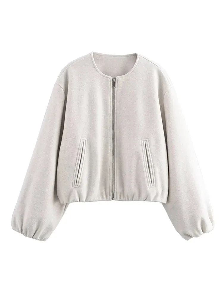 Advbridge Solid Zipper Woolen Coat Women Long Sleeve O Neck Lady Bomber Jacket Autumn Warm Pocket Female Street Chic Short Outwear