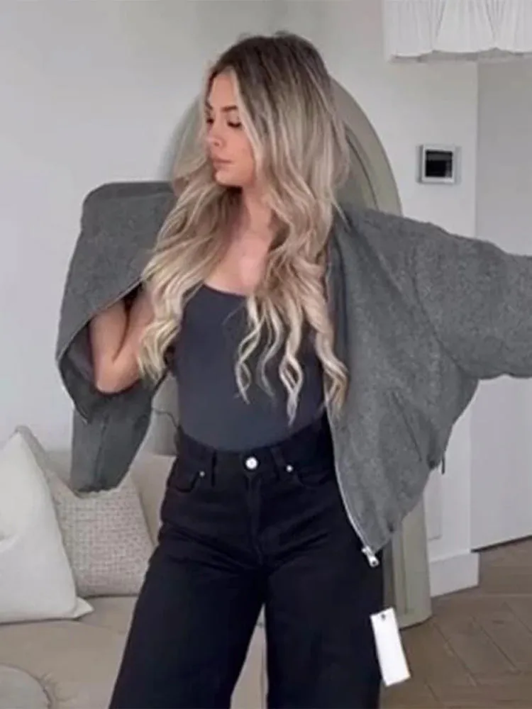 Advbridge Solid Zipper Woolen Coat Women Long Sleeve O Neck Lady Bomber Jacket Autumn Warm Pocket Female Street Chic Short Outwear
