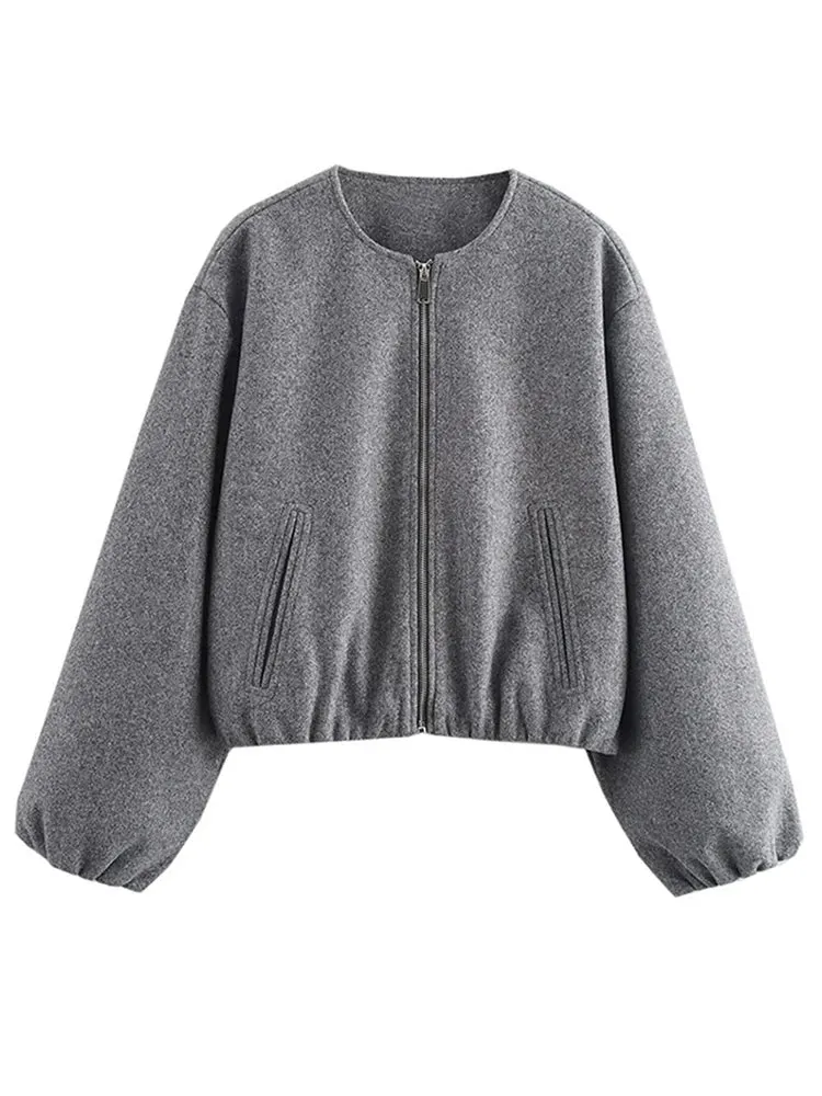 Advbridge Solid Zipper Woolen Coat Women Long Sleeve O Neck Lady Bomber Jacket Autumn Warm Pocket Female Street Chic Short Outwear