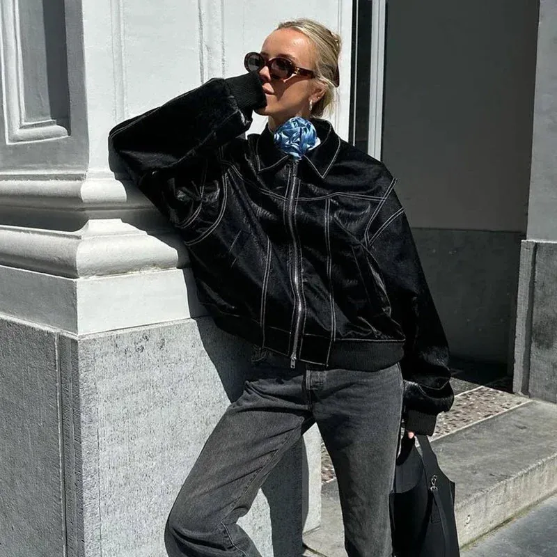 Advbridge Women Zipper Leather Bomber Jackets Coats Oversized Contrast Stitch Lapel Long Sleeve Jacket Motorcycle 2024 Autumn Outwear Tops