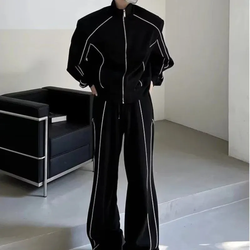 Aidase Japanese Atmosphere Outfit Casual Sports Suit for Men Korean Style Spliced Reflective Jacket Loose Stripes Wide-leg Sweatpants