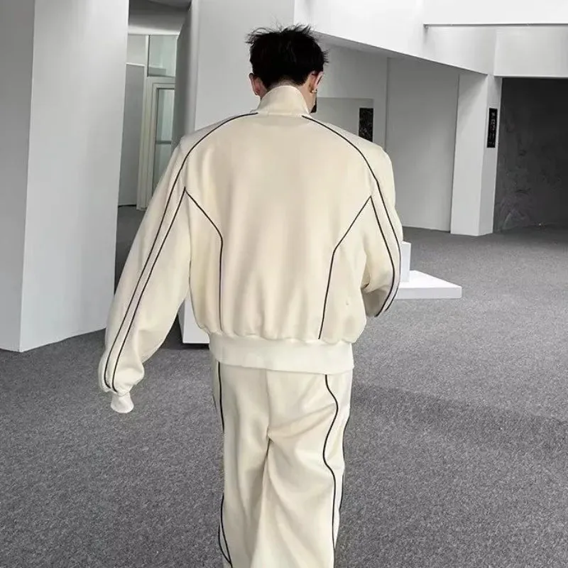 Aidase Japanese Atmosphere Outfit Casual Sports Suit for Men Korean Style Spliced Reflective Jacket Loose Stripes Wide-leg Sweatpants