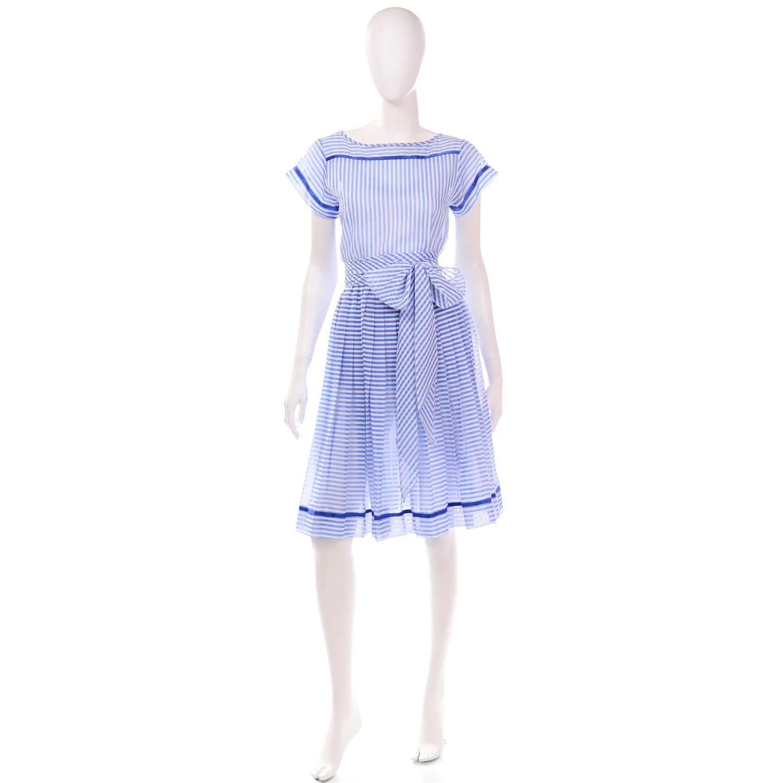 Albert Nipon Vintage Blue and White Striped Cotton Dress