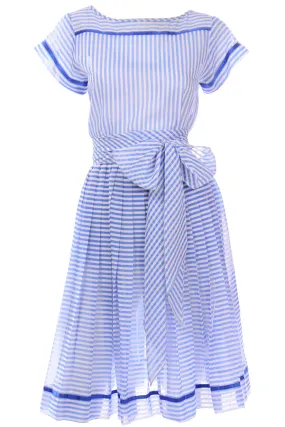 Albert Nipon Vintage Blue and White Striped Cotton Dress