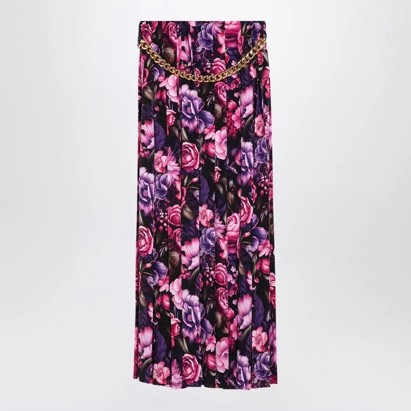 BALENCIAGA Long Pleated Floral Skirt with Chain Detail