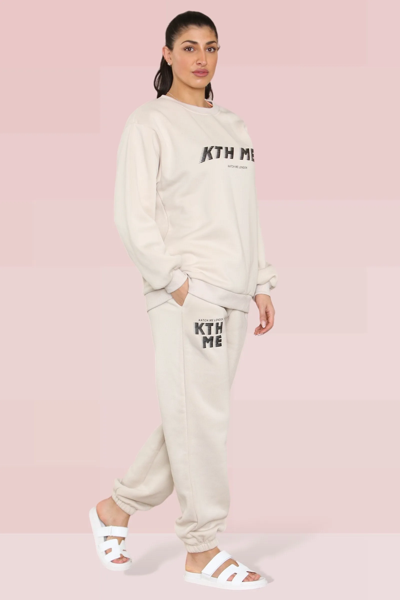 Beige Casual KTH ME Print Loose Sweatshirt & Elastic Waist Sweatpants Co-ord